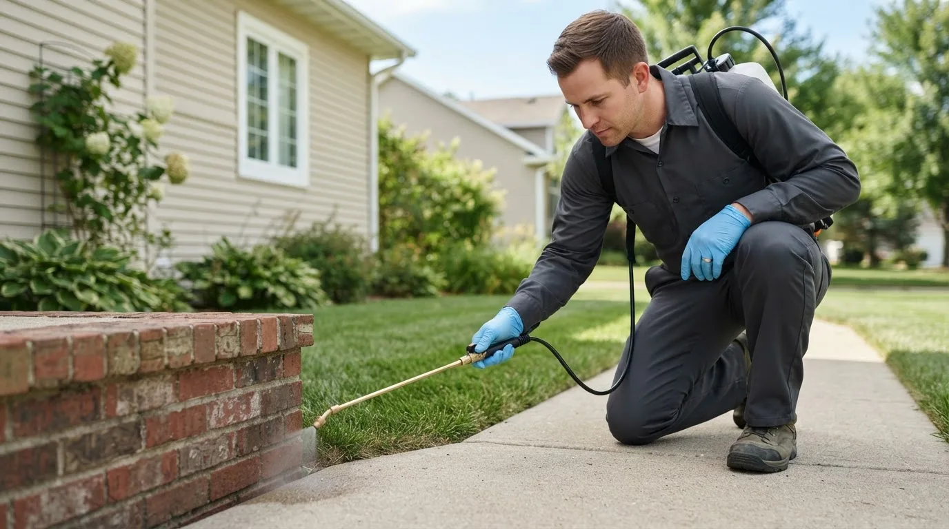 Pest control technician treating a home near Raleigh, IL