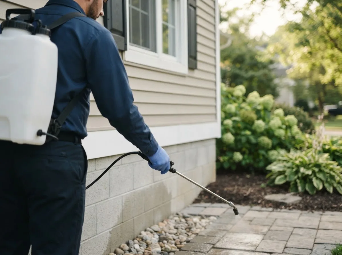 Pest control technician inspecting a home in Raleigh, IL